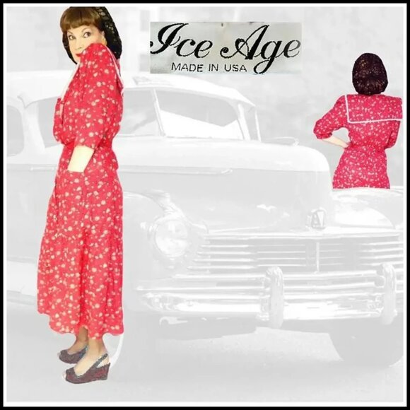 40s Style Red Dress, Sailor Collar Floral Frock with Pockets VFG 80s Vintage - Picture 7 of 14